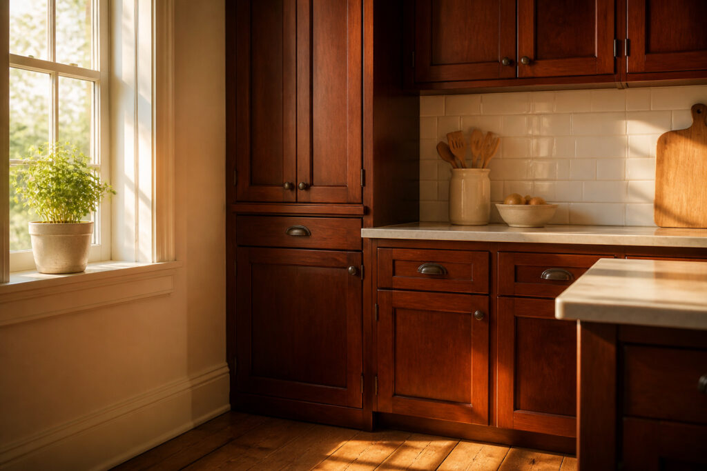A kitchen with cherry cabinets and different backsplash materials.
