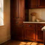 A kitchen with cherry cabinets and different backsplash materials.