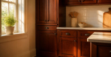 A kitchen with cherry cabinets and different backsplash materials.