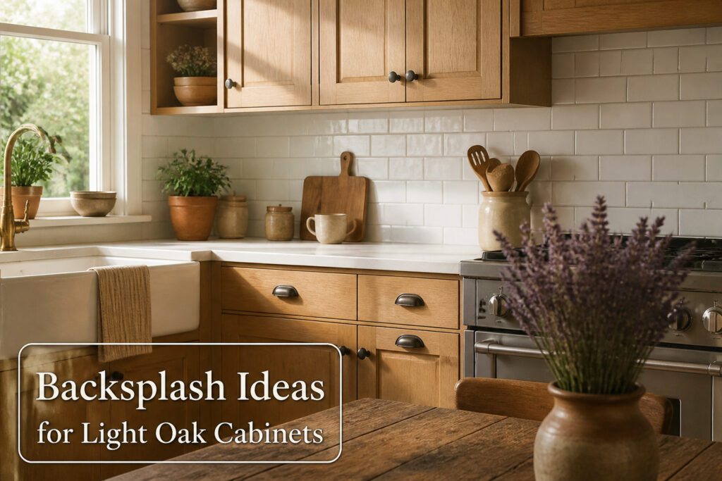 A kitchen with light oak cabinets and a white tile backsplash.