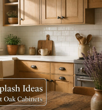 A kitchen with light oak cabinets and a white tile backsplash.