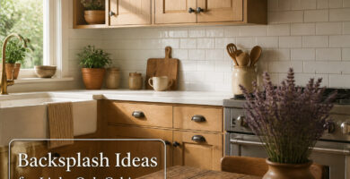 A kitchen with light oak cabinets and a white tile backsplash.