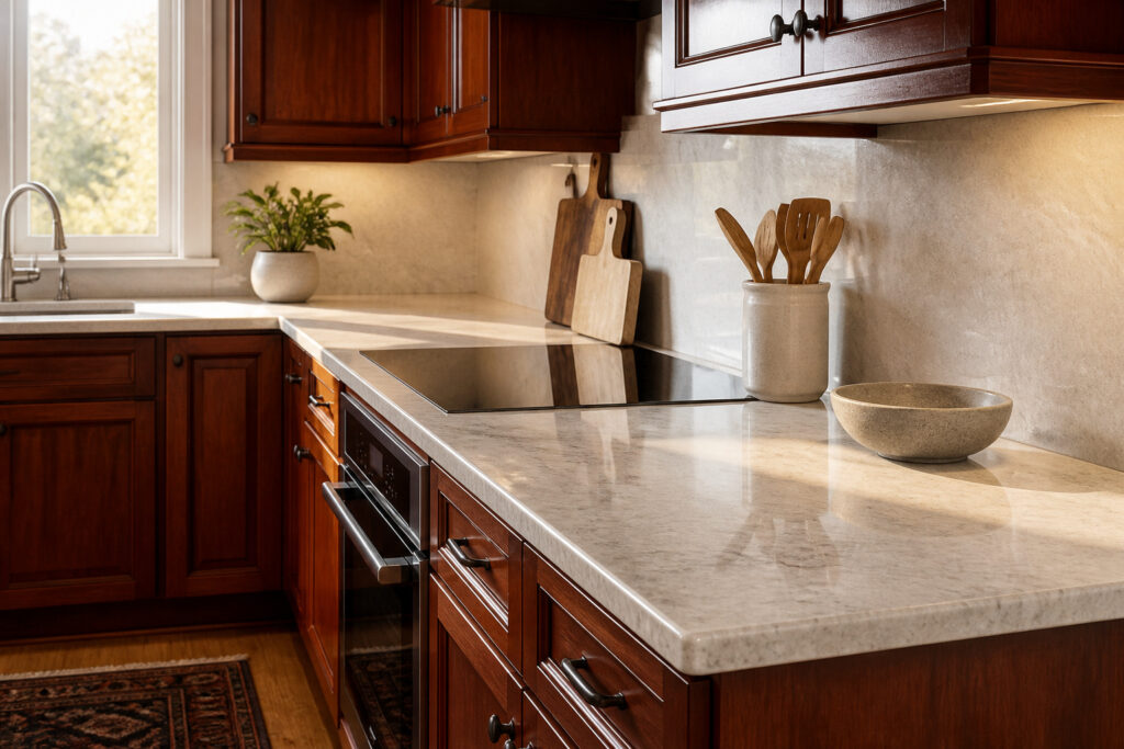 Modern kitchen with cherry cabinets and polished countertop