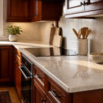 Modern kitchen with cherry cabinets and polished countertop