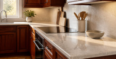 Modern kitchen with cherry cabinets and polished countertop