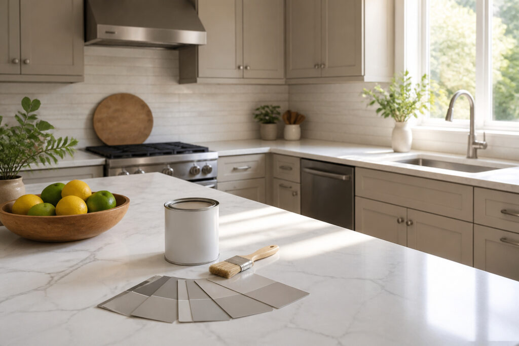 Brightly lit kitchen with greige cabinets and natural light
