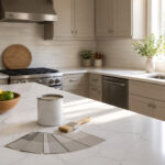 Brightly lit kitchen with greige cabinets and natural light