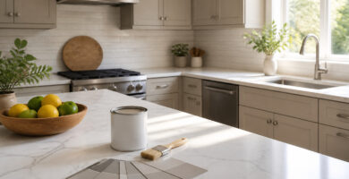 Brightly lit kitchen with greige cabinets and natural light