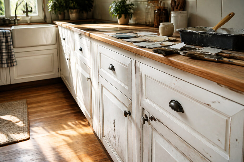 Sunlit kitchen with worn, faded white cabinets and visible scratches