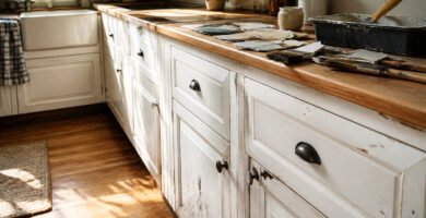 Sunlit kitchen with worn, faded white cabinets and visible scratches