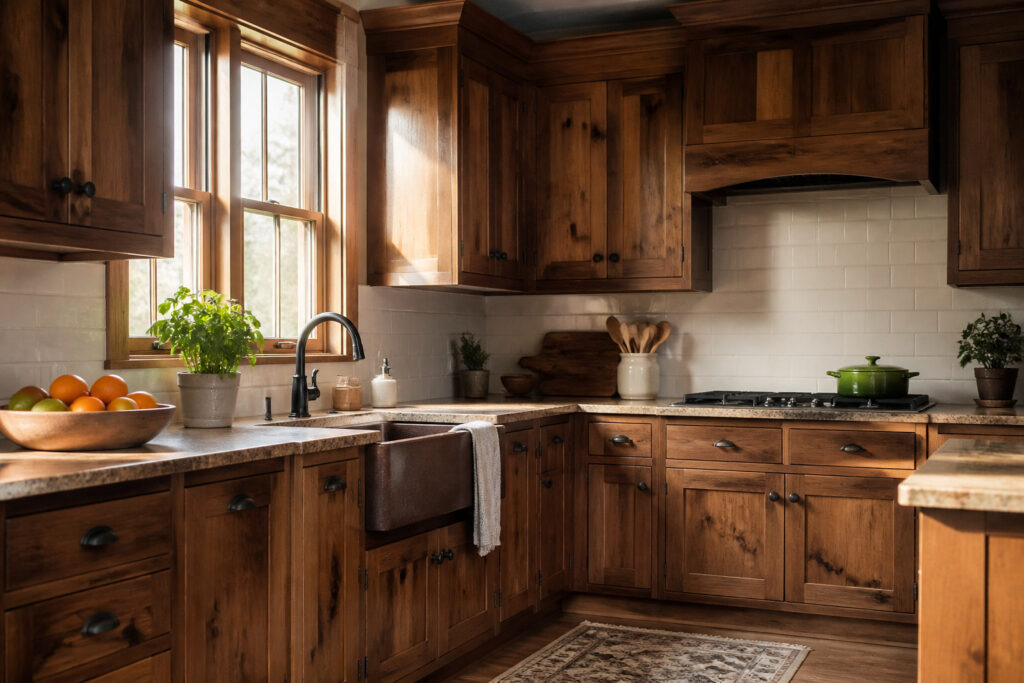 A beautifully staged kitchen featuring knotty alder cabinets and warm lighting.