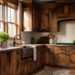 A beautifully staged kitchen featuring knotty alder cabinets and warm lighting.