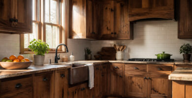 A beautifully staged kitchen featuring knotty alder cabinets and warm lighting.