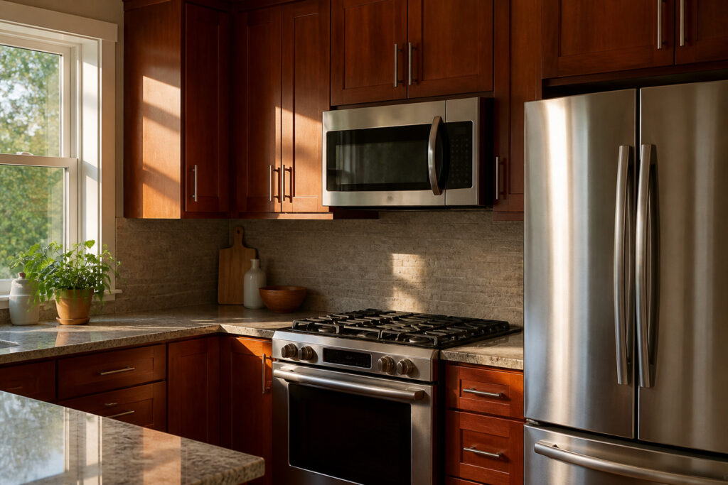 Cherry cabinets with stainless steel appliances in a modern kitchen setting.