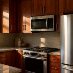 Cherry cabinets with stainless steel appliances in a modern kitchen setting.