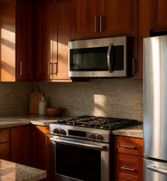 Cherry cabinets with stainless steel appliances in a modern kitchen setting.