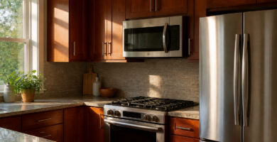Cherry cabinets with stainless steel appliances in a modern kitchen setting.