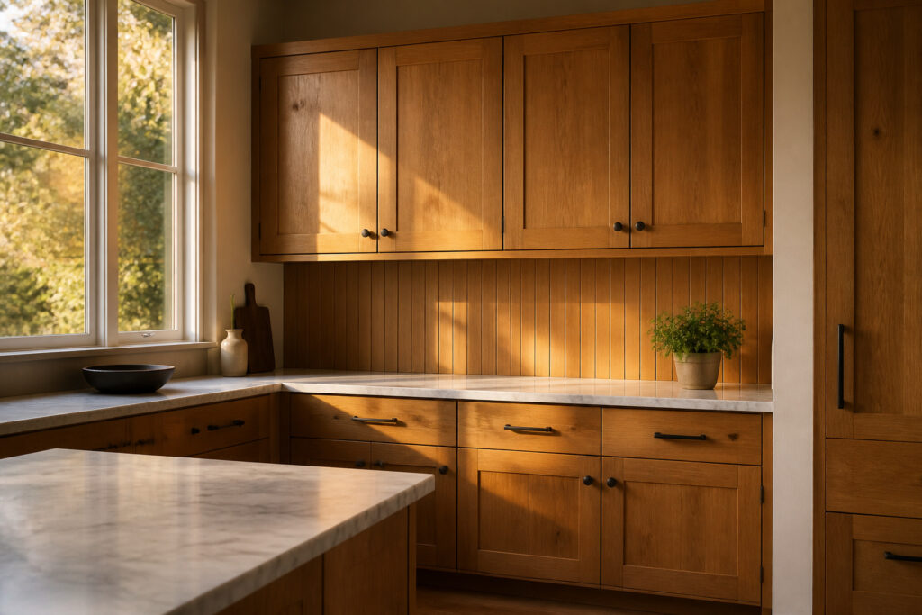 Kitchen with clear alder cabinets showcasing smooth grain and warm tones.