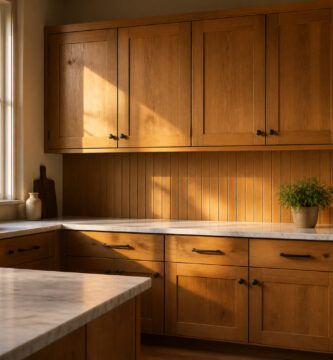 Kitchen with clear alder cabinets showcasing smooth grain and warm tones.