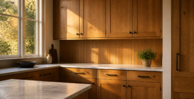 Kitchen with clear alder cabinets showcasing smooth grain and warm tones.