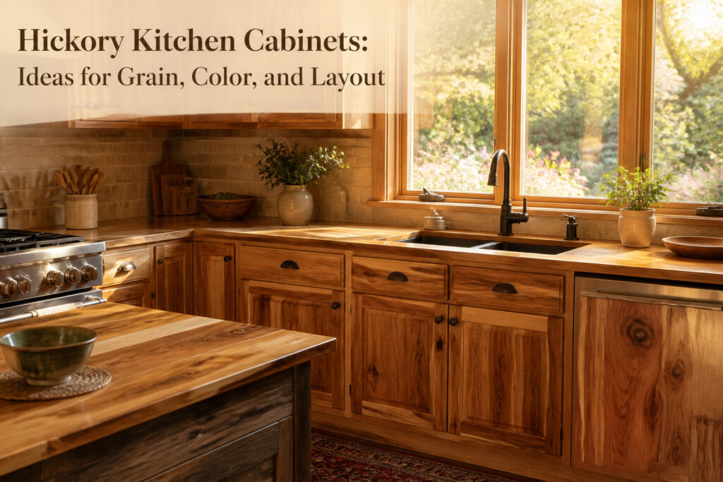 A kitchen with hickory cabinets and a warm golden-brown finish.
