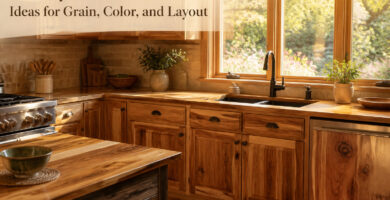 A kitchen with hickory cabinets and a warm golden-brown finish.