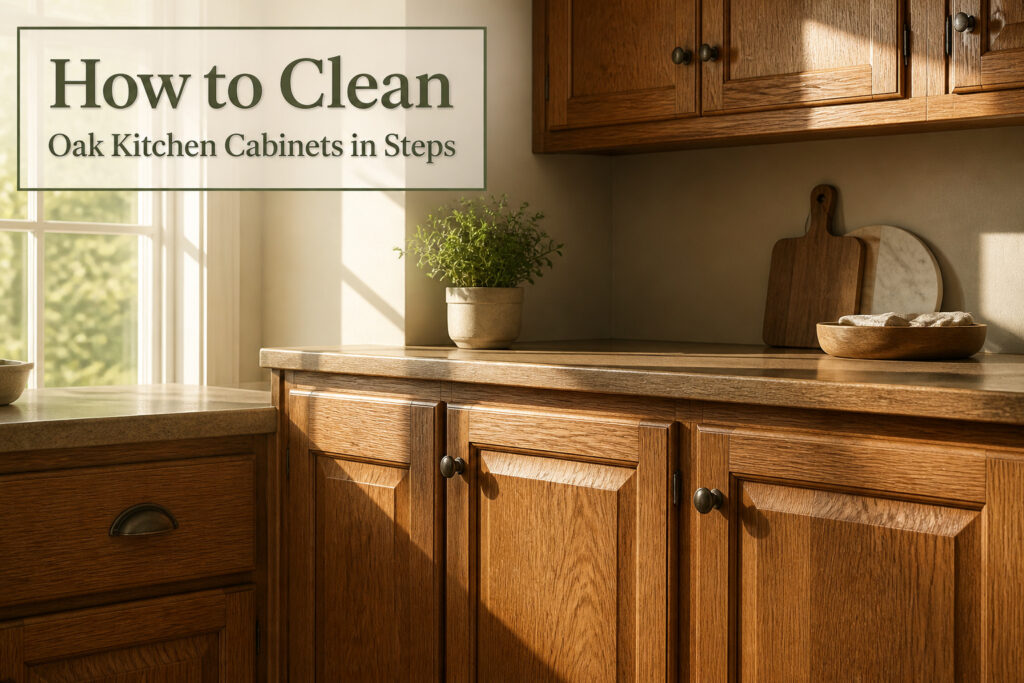 Bright kitchen with oak cabinets and organized countertops.