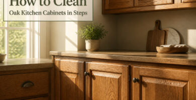 Bright kitchen with oak cabinets and organized countertops.