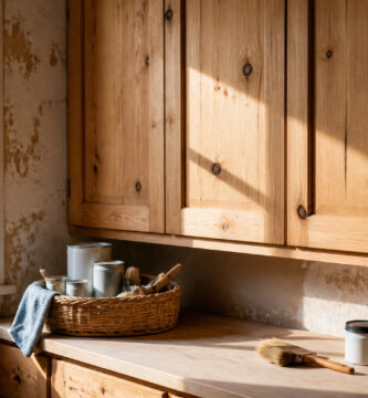 Knotty alder cabinets laid out for painting, showing their natural grain.