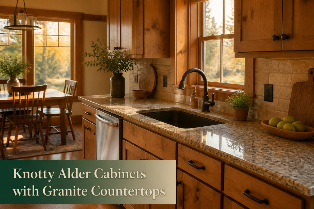 Knotty alder cabinets paired with granite countertops in a kitchen setting.
