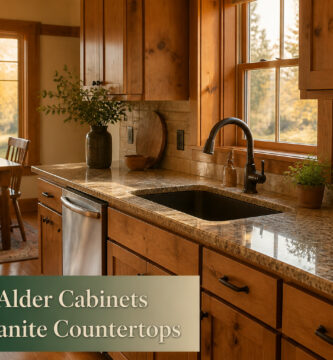Knotty alder cabinets paired with granite countertops in a kitchen setting.