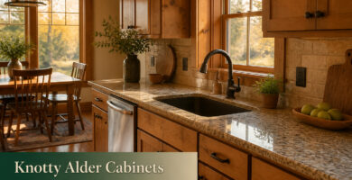 Knotty alder cabinets paired with granite countertops in a kitchen setting.