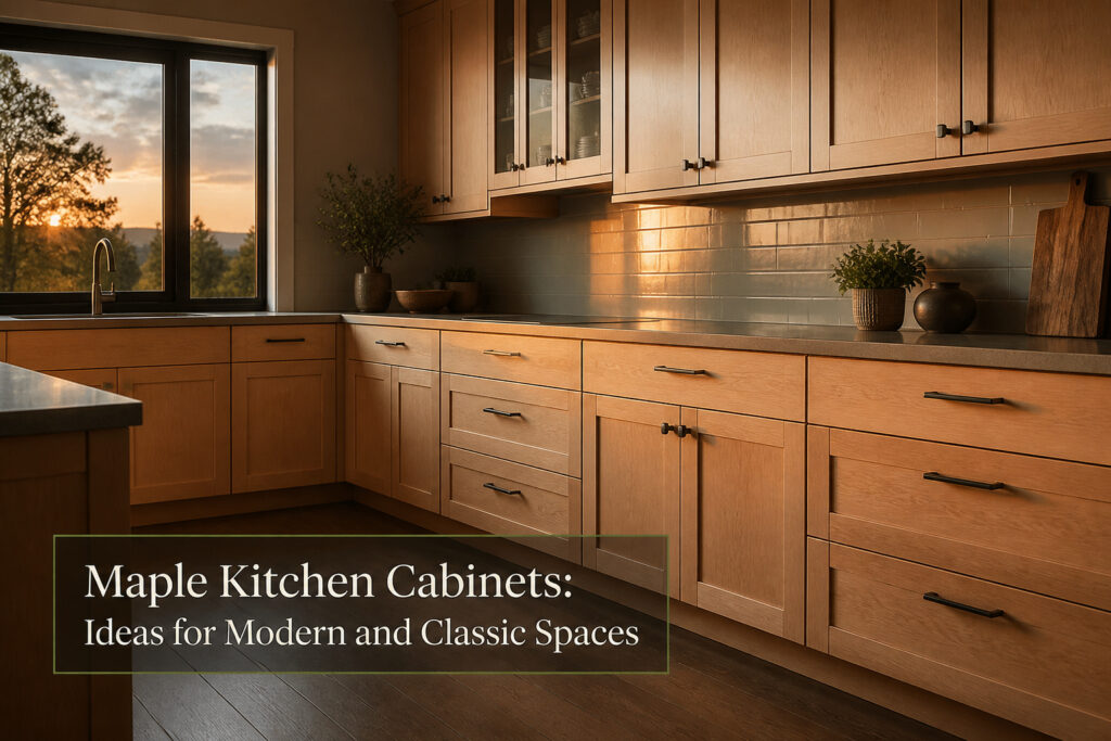 Modern kitchen featuring maple cabinets with quartz countertops and black hardware.