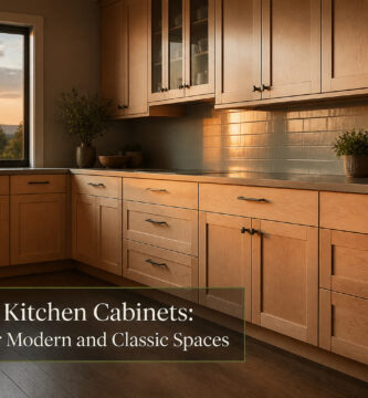 Modern kitchen featuring maple cabinets with quartz countertops and black hardware.