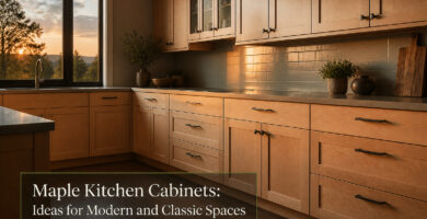 Modern kitchen featuring maple cabinets with quartz countertops and black hardware.