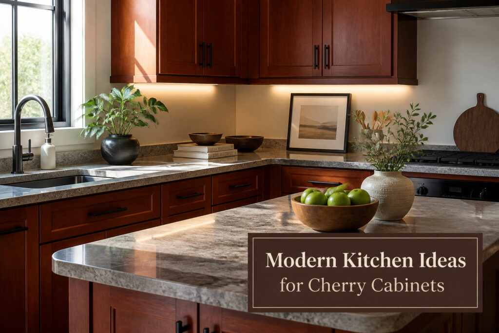 Modern kitchen with cherry cabinets and white countertops.
