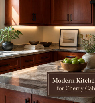 Modern kitchen with cherry cabinets and white countertops.