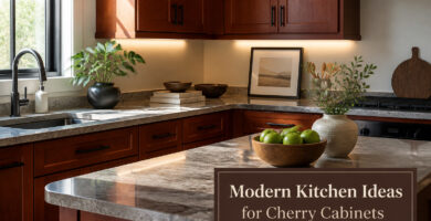 Modern kitchen with cherry cabinets and white countertops.