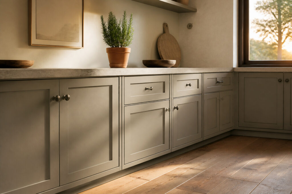 Kitchen featuring Revere Pewter cabinets with warm greige color.