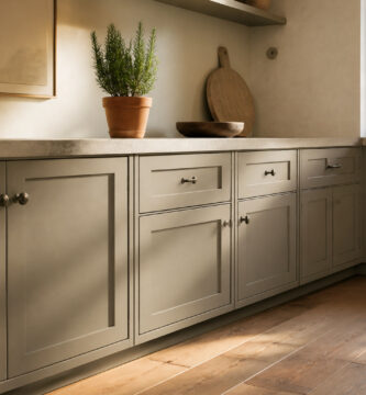 Kitchen featuring Revere Pewter cabinets with warm greige color.