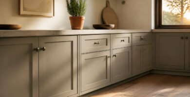 Kitchen featuring Revere Pewter cabinets with warm greige color.