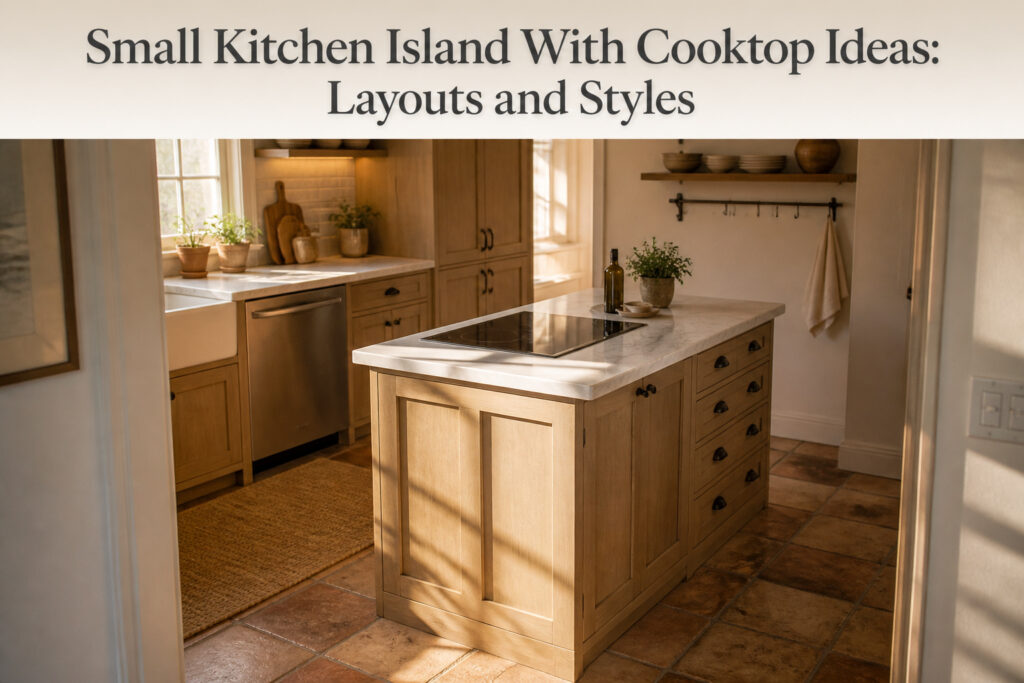 Small kitchen island with a cooktop and modern design elements.