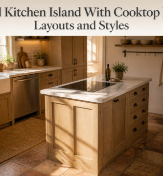 Small kitchen island with a cooktop and modern design elements.