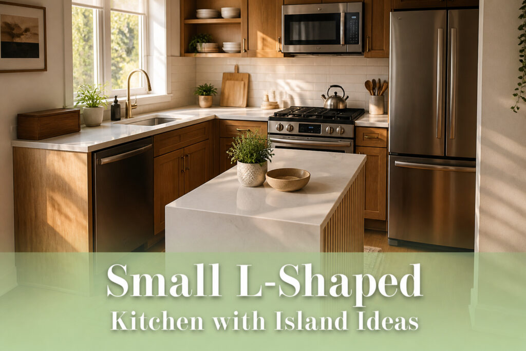 Small L-shaped kitchen featuring an island with modern design elements.
