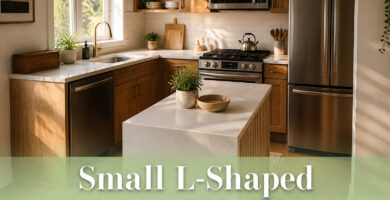 Small L-shaped kitchen featuring an island with modern design elements.