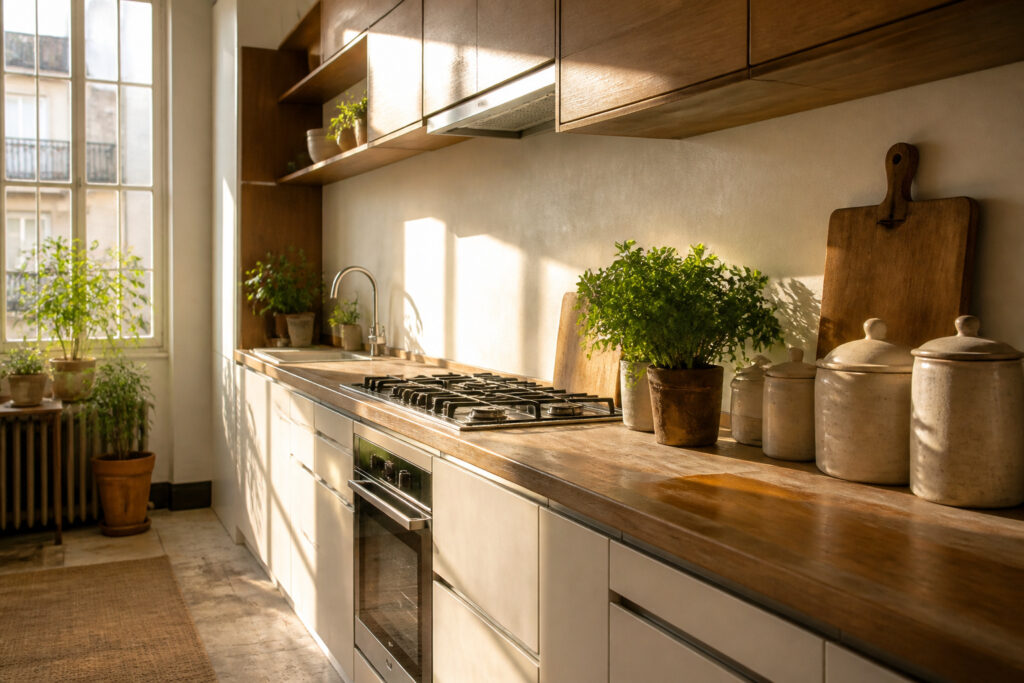 A modern one-wall kitchen with compact appliances and storage.
