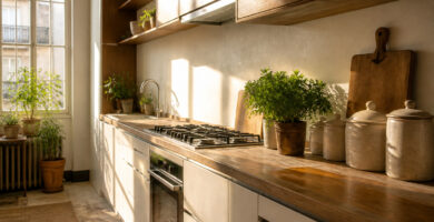 A modern one-wall kitchen with compact appliances and storage.