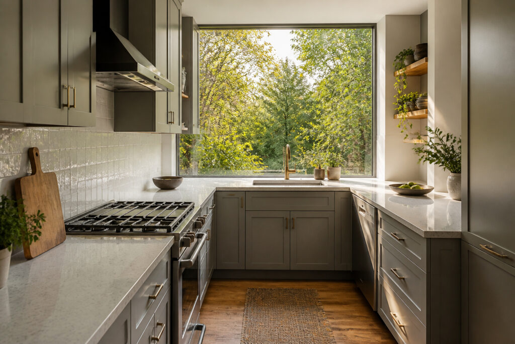A stylish U-shaped kitchen featuring light wood cabinets and bright countertops.