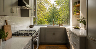 A stylish U-shaped kitchen featuring light wood cabinets and bright countertops.