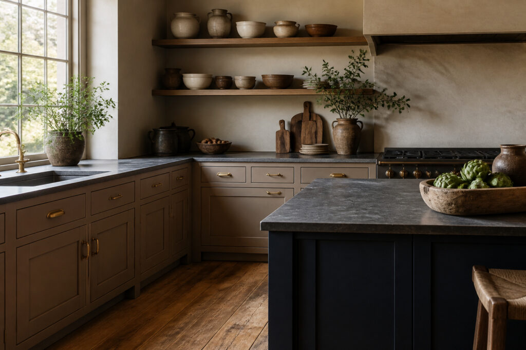 A kitchen with taupe cabinets and white countertops and accessories.